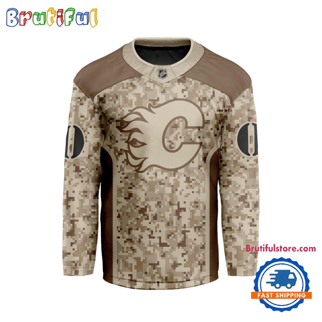 NHL Calgary Flames Special Veterans Military Desert Camouflage Design Hockey Jersey